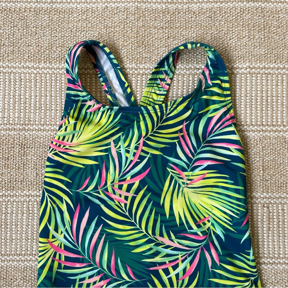 Lands' End One Piece Green and Yellow Swimsuit with Tropical Print Sz 5 - Picture 2 of 7
